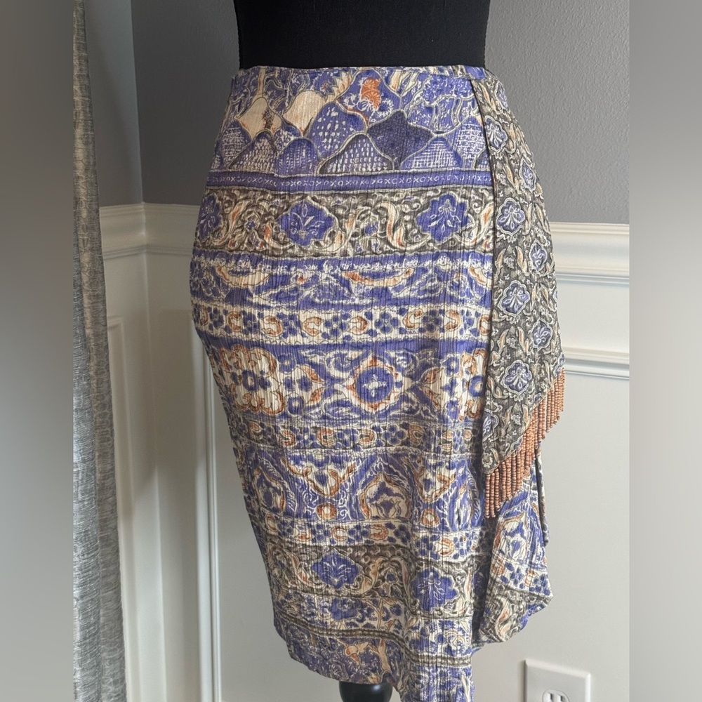 Carole Little Blue and Brown Patterned Mini Skirt beaded sash 4